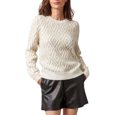 Pull écru à motif losanges à coupe droite, col rond et à manches longues - Image 3