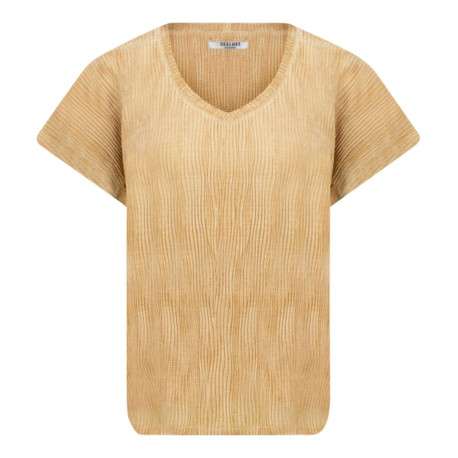 T-shirt beige uni droit à col v et à manches courtes en velours texturé