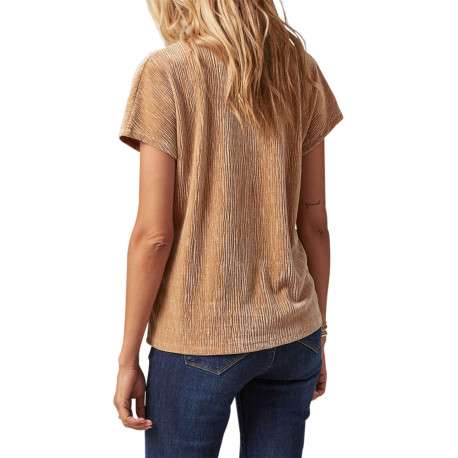 T-shirt beige uni droit à col v et à manches courtes en velours texturé - Image 2
