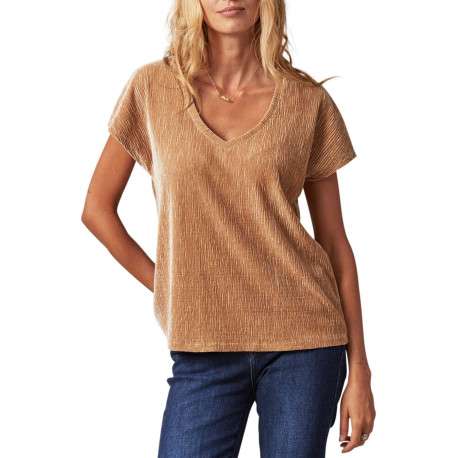 T-shirt beige uni droit à col v et à manches courtes en velours texturé - Image 3
