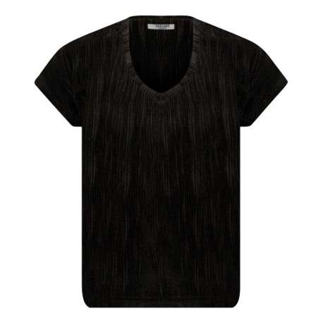 T-shirt noir uni à une coupe droite, col v et manches courtes à texture velours