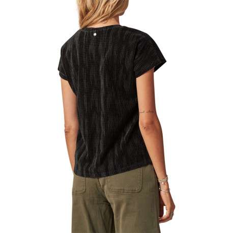 T-shirt noir uni à une coupe droite, col v et manches courtes à texture velours - Image 2