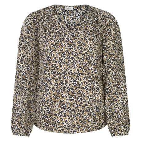 Blouse kaki à imprimé, droite avec col v et à manches longues et fils dorés