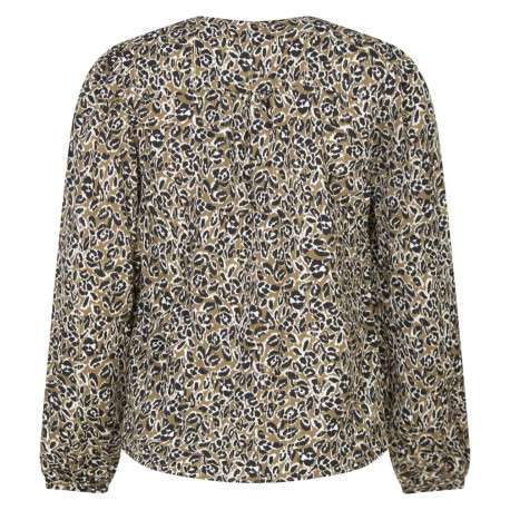 Blouse kaki à imprimé, droite avec col v et à manches longues et fils dorés - Image 2