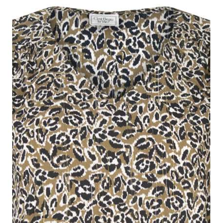 Blouse kaki à imprimé, droite avec col v et à manches longues et fils dorés - Image 3