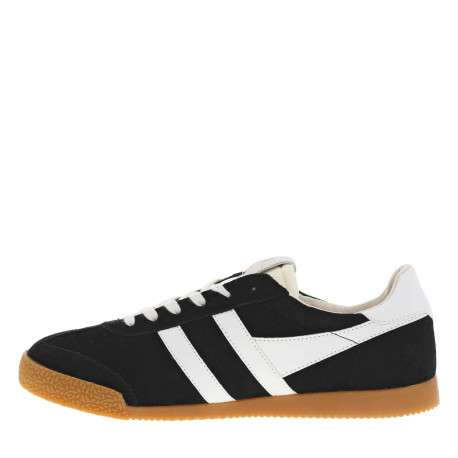 Baskets tennis noires en cuir à semelle camel avec lacets plats et logo doré