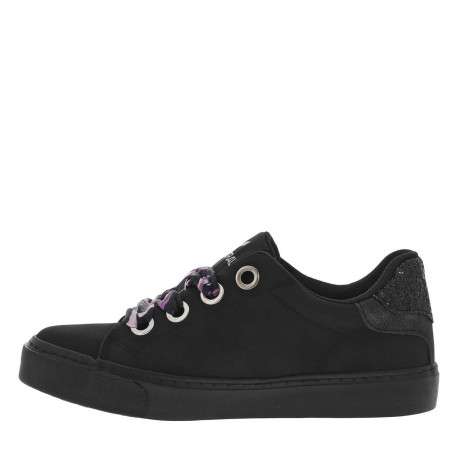 Baskets tennis noires à semelle plate avec paillettes noires et ruban violet
