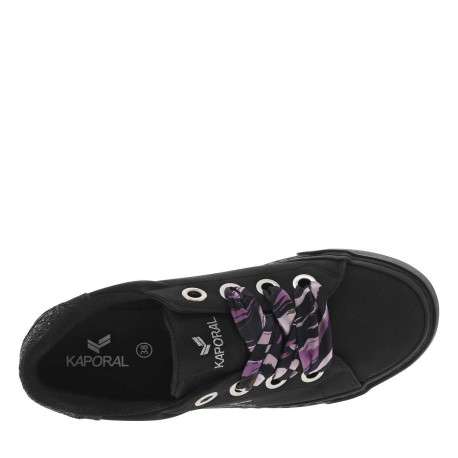 Baskets tennis noires à semelle plate avec paillettes noires et ruban violet - Image 4
