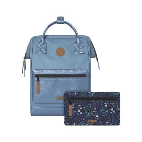 Sac à dos bleu uni avec anse et pochette fleurie supplémentaire
