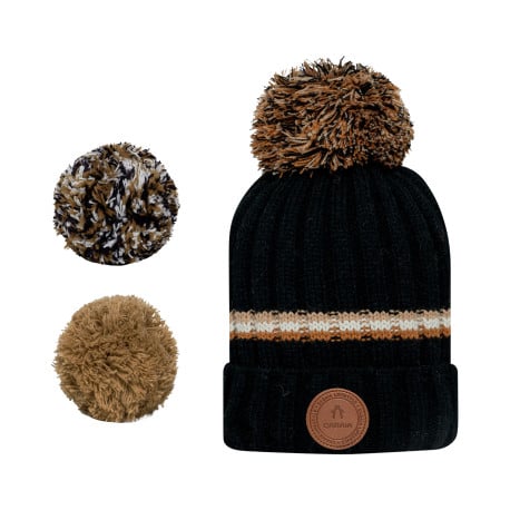Bonnet Chocolate Milk noir rayé avec trois pompons interchangeables