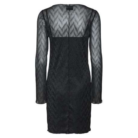 Robe courte noire unie droite à col rond et à manches longues en voile - Image 2