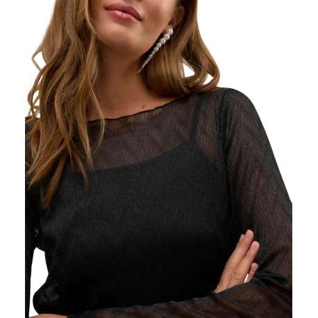 Robe courte noire unie droite à col rond et à manches longues en voile - Image 3