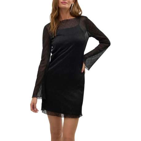 Robe courte noire unie droite à col rond et à manches longues en voile - Image 4