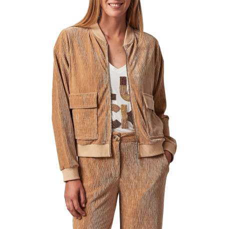 Gilet manches longues beige en velours à col bomber avec zip et 2 poches
