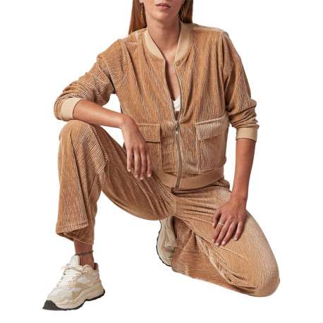 Gilet manches longues beige en velours à col bomber avec zip et 2 poches - Image 2