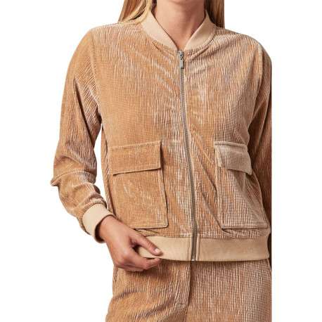 Gilet manches longues beige en velours à col bomber avec zip et 2 poches - Image 3