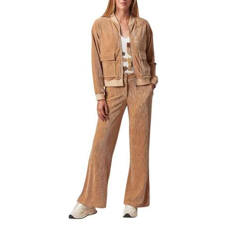 Gilet manches longues beige en velours à col bomber avec zip et 2 poches - Image 4