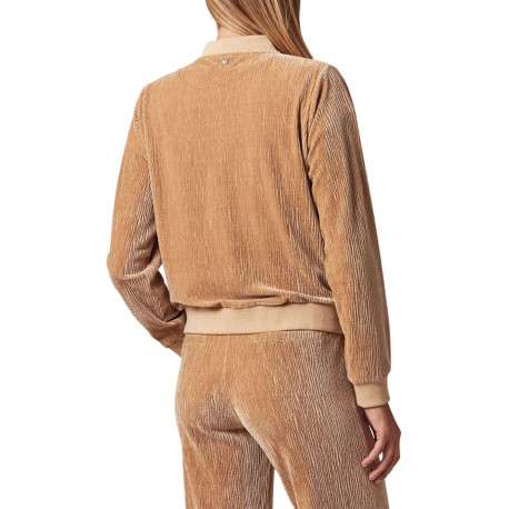 Gilet manches longues beige en velours à col bomber avec zip et 2 poches - Image 5
