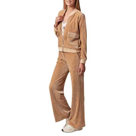 Gilet manches longues beige en velours à col bomber avec zip et 2 poches - Image 6