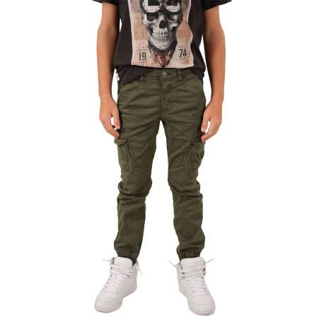 Pantalon cargo en coton kaki à coupe slim avec logo cousu et 6 poches
