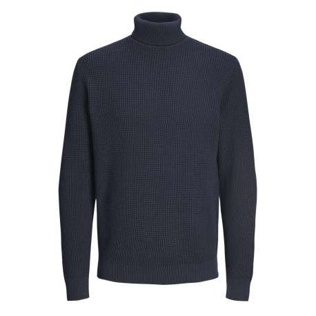Pull en coton biologique marine uni à coupe droite avec col roulé gaufré