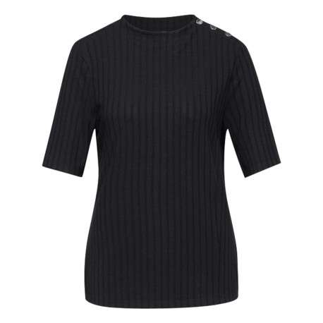 T-shirt noir uni ajusté à col montant et à manches courtes avec boutons argentés