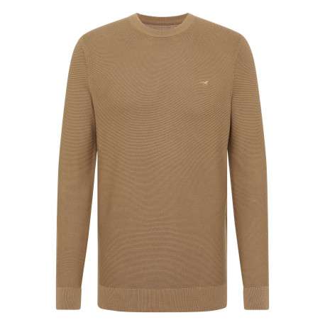 Pull en coton beige uni droit à col rond et à manches longues avec bord-côte