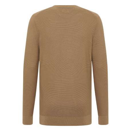 Pull en coton beige uni droit à col rond et à manches longues avec bord-côte - Image 2