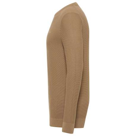 Pull en coton beige uni droit à col rond et à manches longues avec bord-côte - Image 3