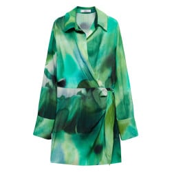 Robe courte verte imprimée à coupe ajustée avec col à revers et manches longues