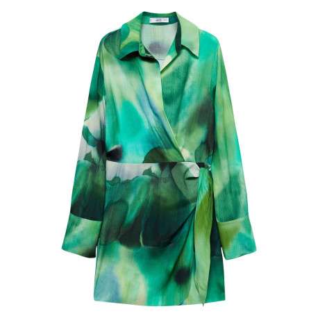 Robe courte verte imprimée à coupe ajustée avec col à revers et manches longues