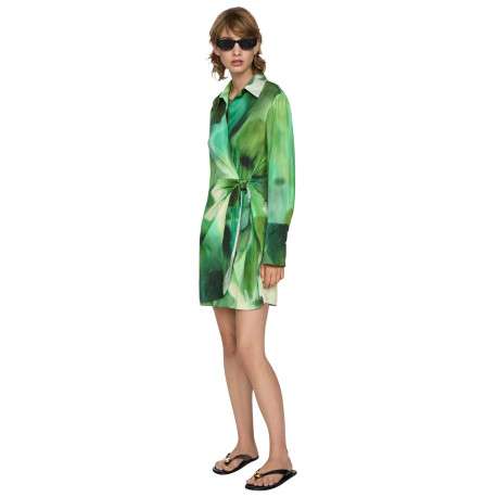 Robe courte verte imprimée à coupe ajustée avec col à revers et manches longues - Image 2