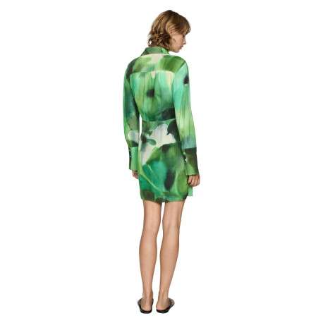 Robe courte verte imprimée à coupe ajustée avec col à revers et manches longues - Image 3