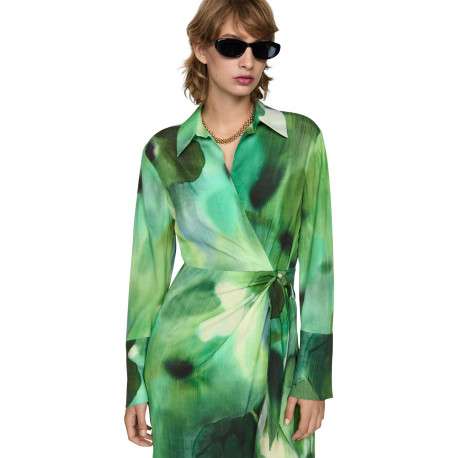Robe courte verte imprimée à coupe ajustée avec col à revers et manches longues - Image 4