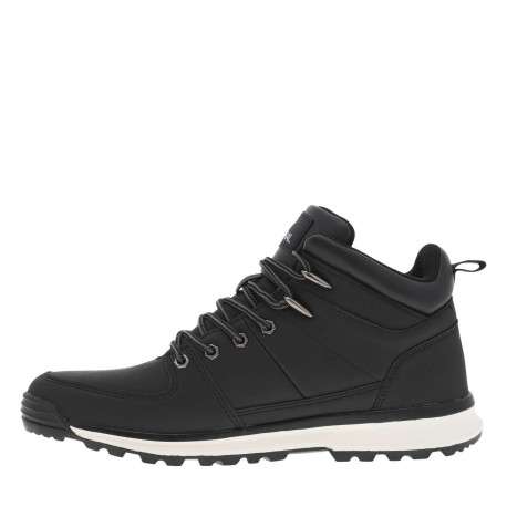 Bottines noires à talon plat avec semelle noire et blanche, logos et lacets gris