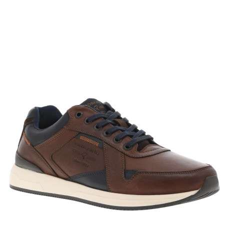 Sneakers en cuir cognac et marine à talon plat avec lacets plats et logo embossé - Image 3