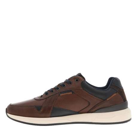 Sneakers en cuir cognac et marine à talon plat avec lacets plats et logo embossé