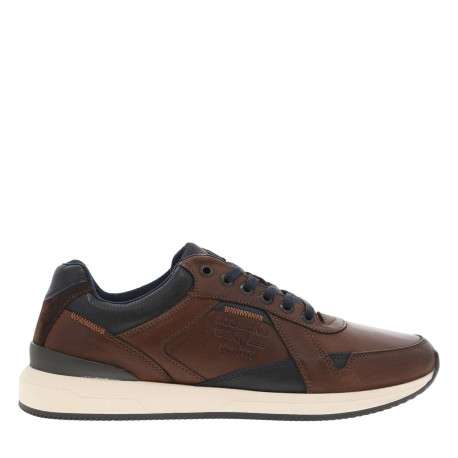 Sneakers en cuir cognac et marine à talon plat avec lacets plats et logo embossé - Image 2