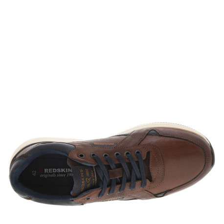 Sneakers en cuir cognac et marine à talon plat avec lacets plats et logo embossé - Image 4