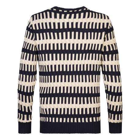 Pull en coton écru à rayures et coupe droite, col rond et manches longues - Image 2