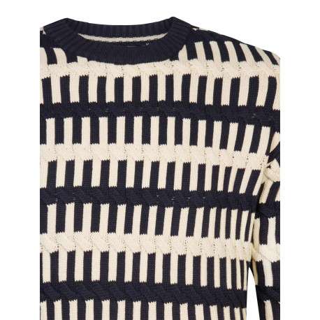 Pull en coton écru à rayures et coupe droite, col rond et manches longues - Image 3
