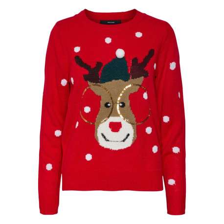 Pull rouge à motif cerf de Noël droit à col rond et manches longues avec pompon