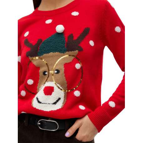 Pull rouge à motif cerf de Noël droit à col rond et manches longues avec pompon - Image 3