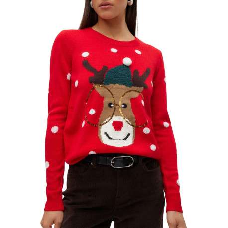 Pull rouge à motif cerf de Noël droit à col rond et manches longues avec pompon - Image 4