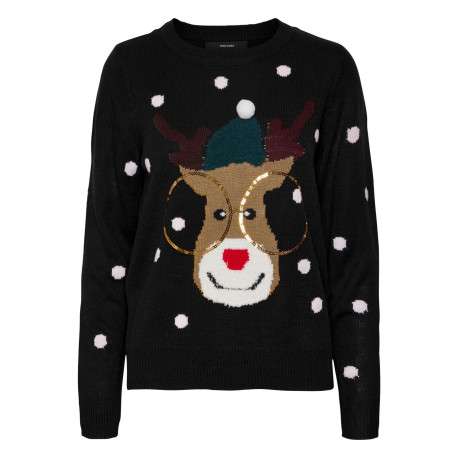 Pull noir avec motif de cerf de Noël droit à col rond et manches longues