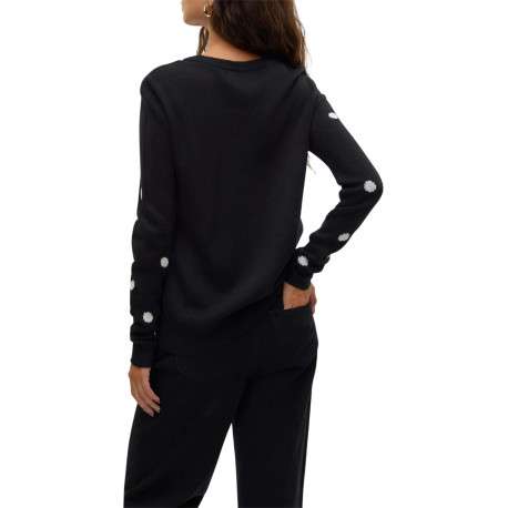 Pull noir avec motif de cerf de Noël droit à col rond et manches longues - Image 2