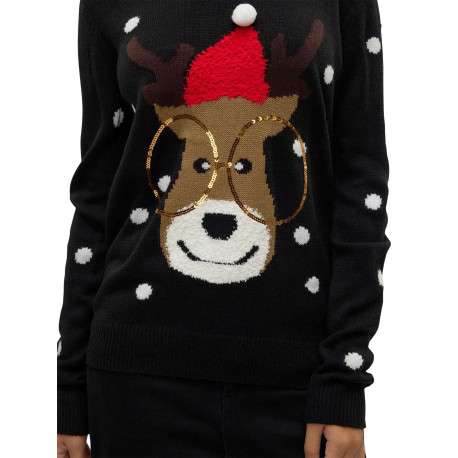Pull noir avec motif de cerf de Noël droit à col rond et manches longues - Image 3