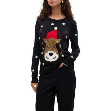 Pull noir avec motif de cerf de Noël droit à col rond et manches longues - Image 4