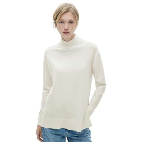 Pull écru en maille fine à coupe droite avec col montant et manches longues - Image 4