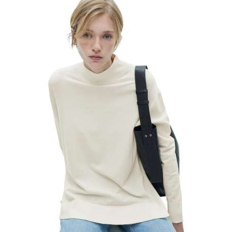 Pull écru en maille fine à coupe droite avec col montant et manches longues - Image 5